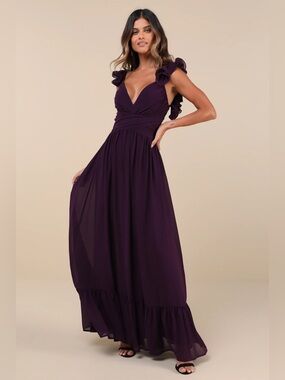 Lulus Soiree Chiffon Ruffled Lace Back Maxi Dress - Deep Plum/Purple NWT